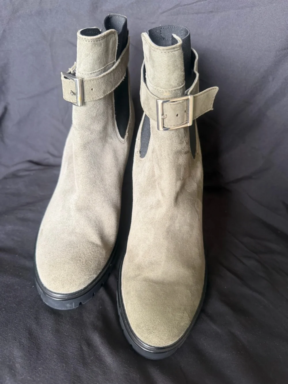 Barneys New York Taupe Suede Buckle Chelsea Ankle Boots